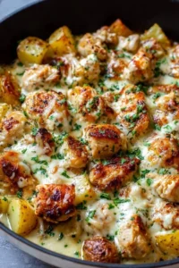 Garlic Parmesan Chicken and Potatoes dish, garnished with herbs for flavor